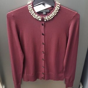 Ann Taylor Burgundy Cardigan with Pearl And Jewel Collar NWT Size S